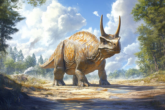 A lifelike illustration of a Torosaurus in a prehistoric landscape