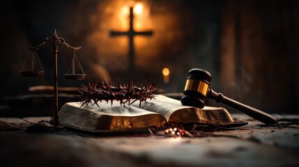 A crown of thorns, wooden cross, Bible, and gavel arranged on a table, symbolizing faith and justice, bathed in soft light.