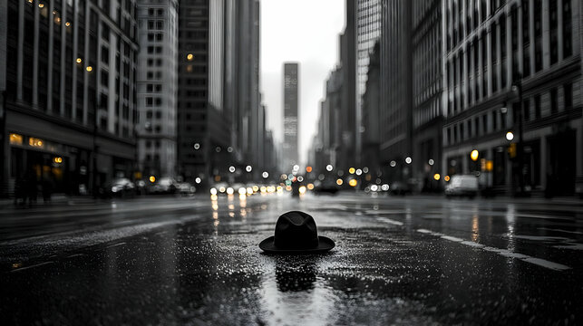 Fototapeta Rainy City Street at Night, Grayscale Photography