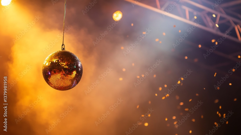 Fototapete a shiny gold disco ball hangs in a dim space, scattering light beams that create playful patterns an