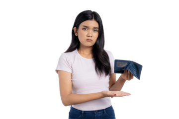 Young Asian woman holding an empty wallet and showing a disappointed expression, isolated on transparent background