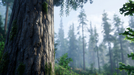 Fototapeta premium close up view of tree trunk in lush forest, surrounded by tall trees and soft mist, creating serene atmosphere