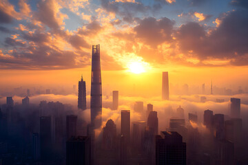 Naklejka premium Golden Hour Cityscape: A Harmonious Blend of Architectural Ambition and Nature