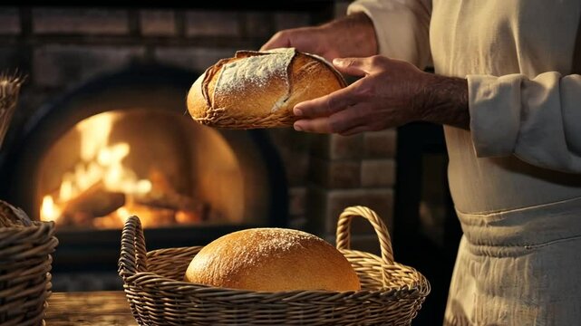 A baker placing a loaf of freshly baked bread into a woven basket near the brick oven.
