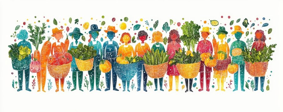 Colorful illustration of diverse people holding baskets of fresh vegetables