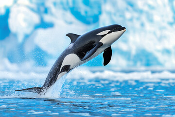Fototapeta premium majestic orca leaps from ocean, showcasing its powerful body against backdrop of icy blue waters and icebergs