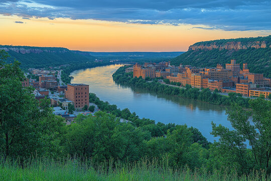 A scenic view of Red Wing, Minnesota, with the river and bluffs