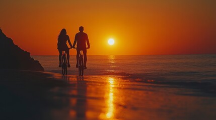 Couple cycling on beach, holding hands, sunset