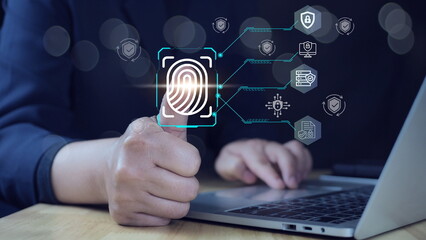 Cybersecurity and privacy to protect. Biometric cyber security system and access control concept. Access security personal data on scan fingerprint identification