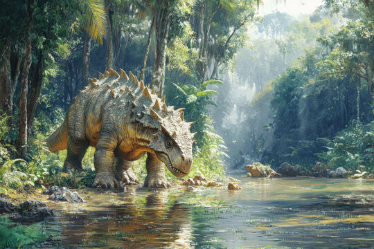 A Talarurus Dinosaur Grazing In A Prehistoric Forest, Detailed Armor Plates, Misty Environment