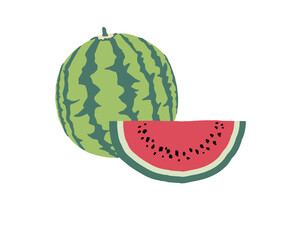 丸いスイカとカットしたスイカの手描きイラスト