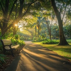 Fototapeta premium Tranquil Park Scene at Sunrise with Lush Greenery and Peaceful Pathway