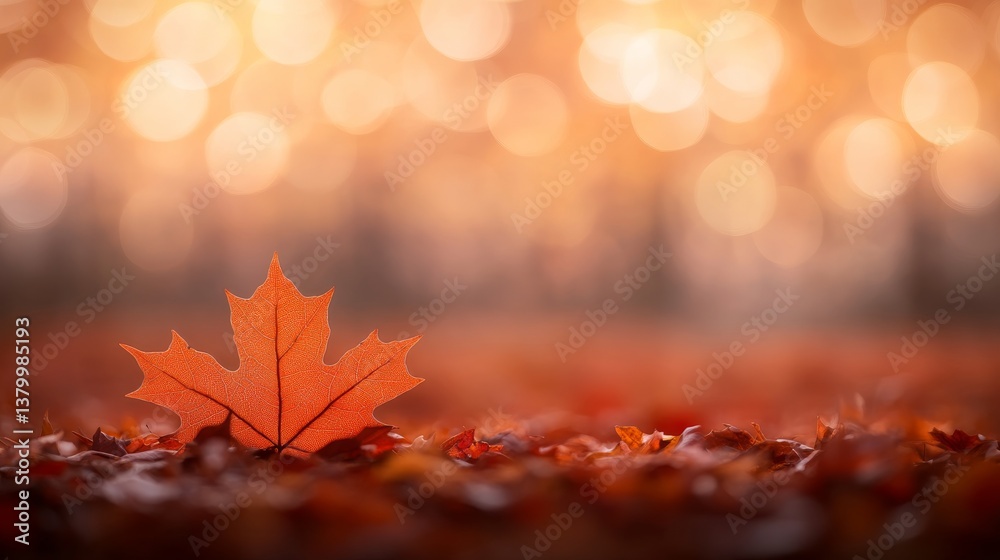 Fototapete a vibrant orange maple leaf rests gently on a soft forest floor, surrounded by faintly visible leave