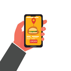 Customer's hand holding smartphone and ordering  burger online from restaurant. people buying  burger online. online  burger delivery. vector illustration.