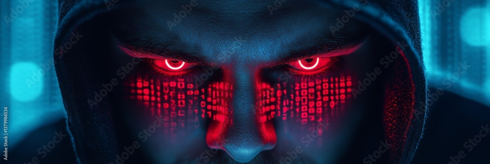 Poster close-up portrait, young man, binary code over eyes. hacker, programmer, data security theme.