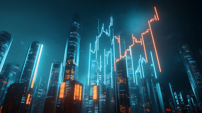 Futuristic Cityscape with Stock Market Chart Overlay, Neon Lights and Modern Architecture, Investment Opportunities, Blue and Orange