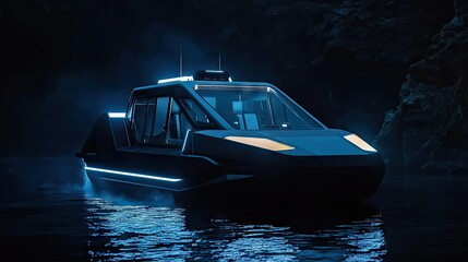 A Futuristic Boat With Glowing Blue Lights Navigates Dark Waters