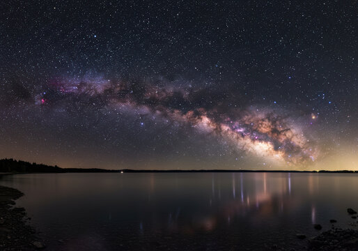 A breathtaking view of the Milky Way illuminating the night sky above a tranquil lake. - Powered by Adobe