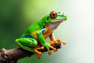 Obraz premium Green tree frog, perched on white, vibrant colors, herpetology, studio shot, biology