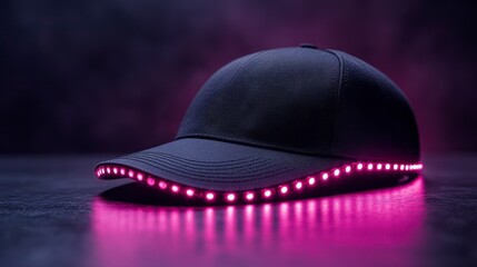 Black cap glows bright pink LED lights around the edge of the brim