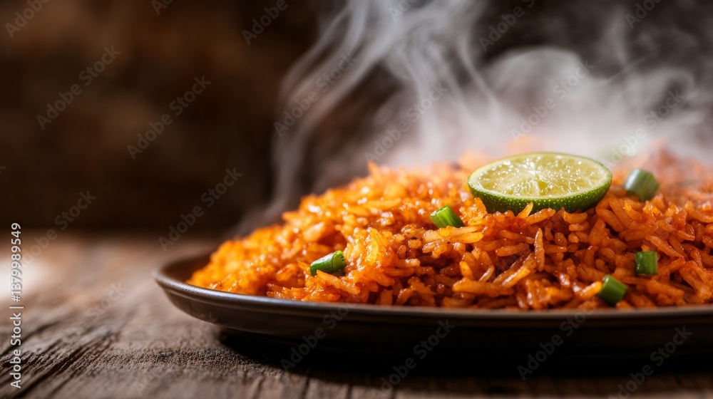 Poster a steaming plate of fried rice with vibrant colors garnished with scallions and a lime slice rests o