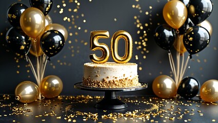 Golden 50th Birthday Cake with Balloons A Festive Celebration