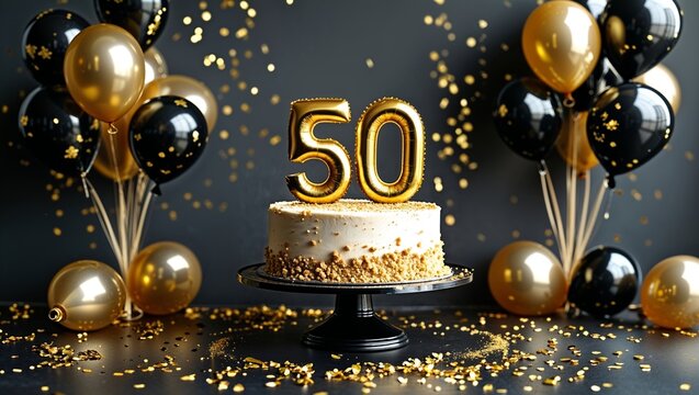 Golden 50th Birthday Cake with Balloons A Festive Celebration