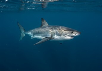 Fototapeta premium Majestic Great White Shark Underwater Ocean Predator Swimming, Marine Wildlife, Blue Sea, Shark in Habitat