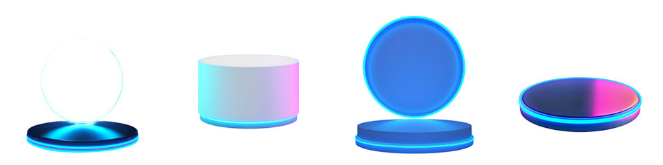 Arrangement of various geometric abstract shapes including spheres discs and cylinders with vibrant neon color gradients and dynamic lighting for a modern minimalist and visually striking design