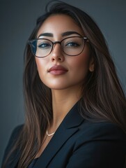 Fototapeta premium A woman with long brown hair and glasses is wearing a black jacket and necklace. She has a serious expression on her face