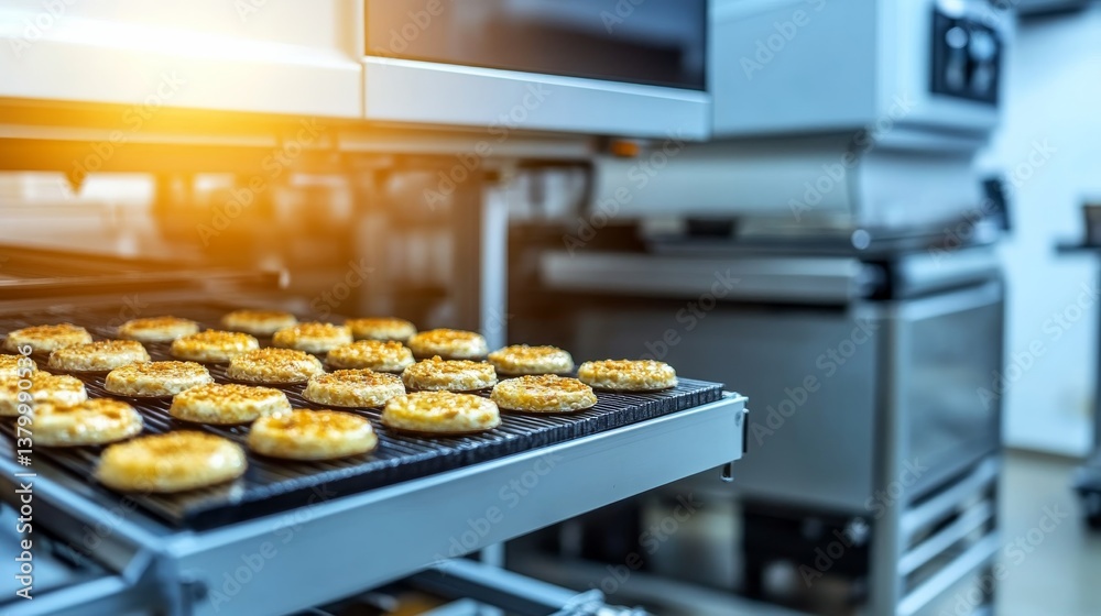 Poster side view of an advanced food processing machine showcasing shiny metallic parts, with a focus on au