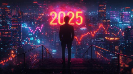 Futuristic cityscape at night with skyscrapers neon lights and finance technology and data analytics concepts for the year 2025  Represents the financial economic