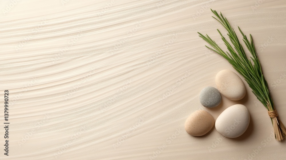Aufkleber A sage twig rests beside smooth pebble rocks on soft, rippled sand, creating a tranquil and harmonious setting with neutral tones and a spacious area for text