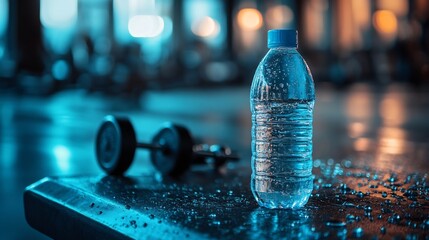 Hydration Fitness Connection A water bottle placed on a gym bench sweat droplets visible on its surface with blurred dumbbells in the background Sports photography aesthetic energetic vibe