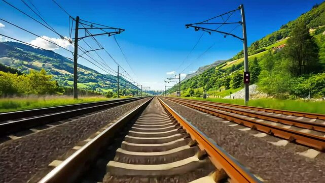 Railway tracks stretching through a green valley under a blue sky