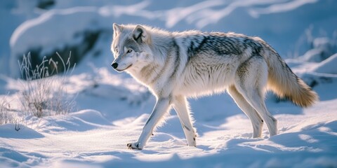 Fototapeta premium A wolf is walking through the snow. The snow is white and the wolf is white