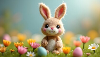 Obraz premium Photo Of Handmade Diy Figurine Cute Crafted Wool Felt Easter Bunny On A Colorful Blooming Flower Meadow.