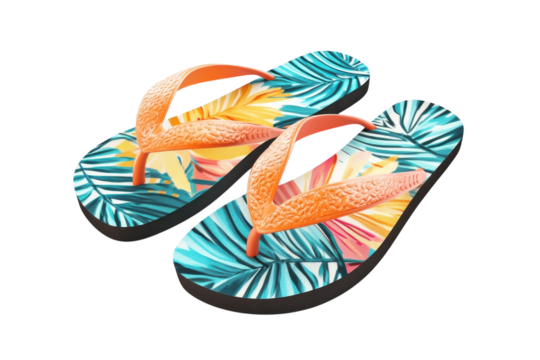 Vibrant tropical flip flops adorned with colorful palm leaves for summer beach days