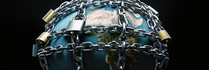 A globe is surrounded by chains and locks. Concept of confinement and restriction