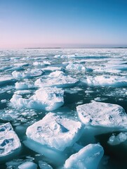 A vast expanse of ice in the ocean, with many large chunks of ice scattered throughout the water. Concept of isolation and emptiness, as the ice blocks seem to be floating aimlessly in the open sea