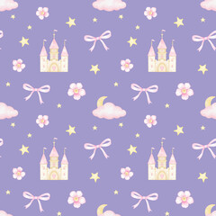 Castle, flowers, bow, stars. Watercolor seamless pattern in pastel colors. Cute watercolor illustration for children's textiles, wrapping paper, postcard