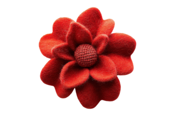 Handmade deep red felt flower brooch with intricate petals on a white background