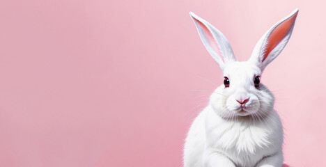 Obraz premium A cute, fluffy white rabbit. decoration for the Happy Easter spring holiday, illustration. artificial intelligence generator, AI, neural network image. background for the design.