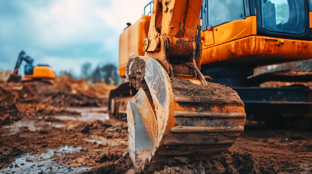 Large yellow excavator at a construction site, close-up. The mud is deep and the ground is wet.