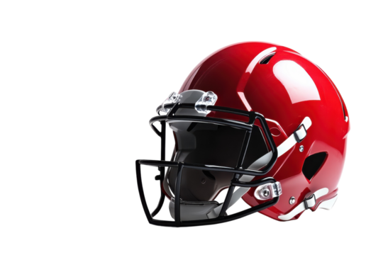 A bold red football helmet gleaming under studio lights, ready for action on the field