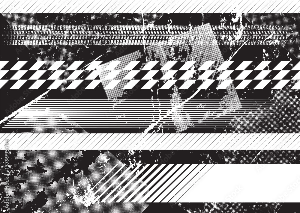 Aufkleber Glitch distorted grunge layer . Noise destroyed texture. Checkered race grunge flag . Overlay grunge texture .Distressed effect .Vector shapes with a speed lines and tire tracks screen print texture.