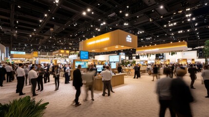 Fototapeta premium Attendees interact at a bustling trade show, surrounded by sleek displays and promotional materials, highlighting the dynamic nature of this international event