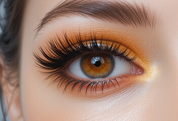 Obraz premium A woman with long eyelashes and a bright orange eye shadow. The eye shadow is applied to the upper and lower eyelids