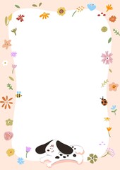a cute dog is happy on flowers frame template, pink frame, flora blooming border for paper card decoration.
