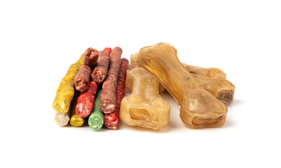 Rawhide chew sticks for dogs, colorful collagen dog food, pressed dry kibble, dental care treats
